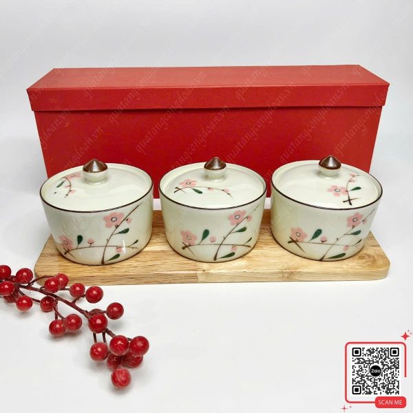 Set 3 Hũ Đựng Mứt Sứ Bát Tràng Họa Tiết Hoa Đào 5 Hũ đựng mứt họa tiết đào hồng