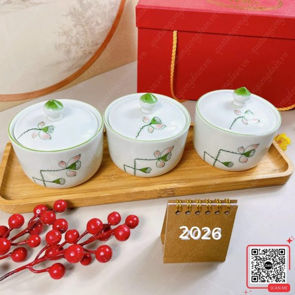Khay Đựng Mứt Sứ Bát Tràng Họa Tiết Đài Sen 7 Khay đựng mứt họa tiết đài sen