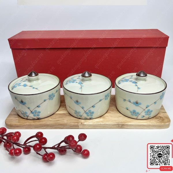 Khay Đựng Mứt Sứ Làm Quà Tết Dương Lịch Cho Công Nhân 4 khay đựng mứt tết sứ hoa đào xanh làm quà tặng