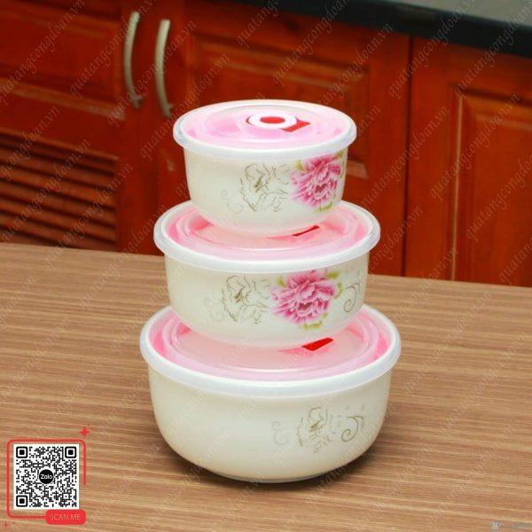 Bộ 3 Bát Sứ Có Nắp Hút Chân Không Tiện Lợi 4 Quà 8/3 giá rẻ bộ bát sứ cho người lao động