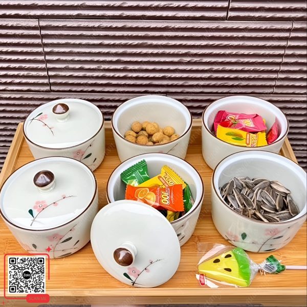 Set 3 Hũ Đựng Mứt Sứ Bát Tràng Họa Tiết Hoa Đào 6 Bộ 6 hũ đựng mứt sứ họa tiết hoa đào