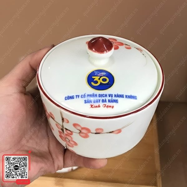 Hũ Đựng Mứt In Logo Công Ty Cổ Phần Dịch Vụ Sân Bay Đà Nẵng 5 set 4 hũ mứt sứ Bát Tràng in logo công đoàn