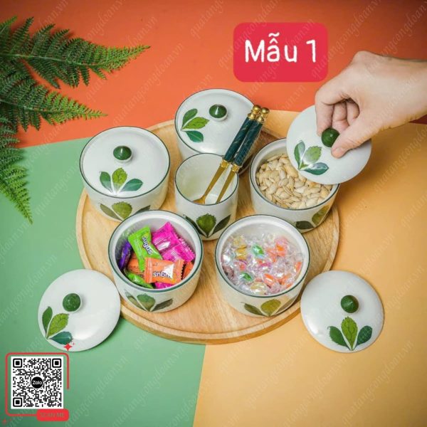 Hũ Đựng Mứt Sứ Bát Tràng Họa Tiết Hoa Xương Rồng 6 Bộ 5 hũ đựng mứt bằng sứ họa tiết lá xương rồng