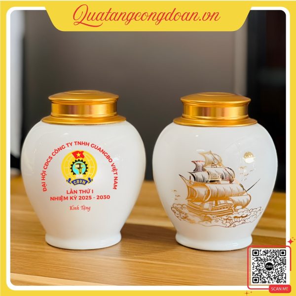 Hũ đựng trà thuận buồm xuôi gió in logo đại hội công đoàn