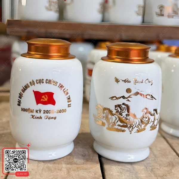 Hũ Đựng Trà In Logo ĐH Công Đoàn Trường Đại Học Thủ Đô Hà Nội 3 Hũ đựng trà Bát Tràng Mã Đáo Thành Công in logo Đại hội Đảng bộ Cục Chính trị