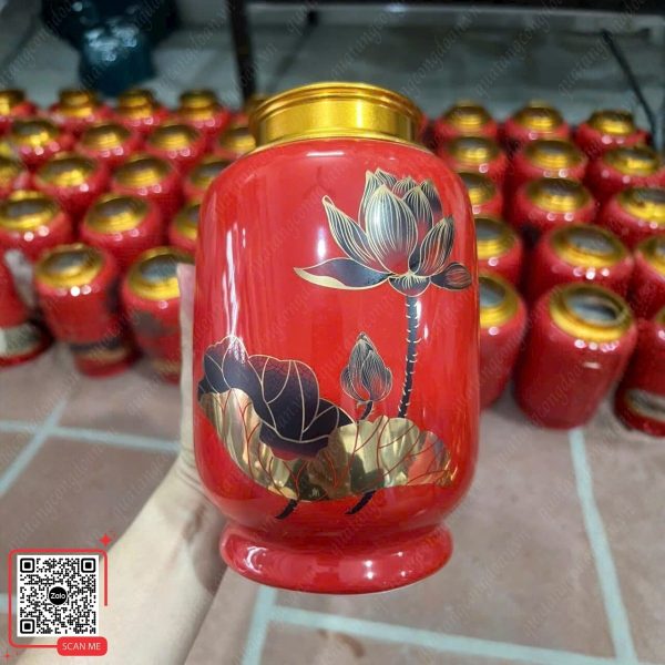 Hũ Đựng Trà In Logo ĐH Công Đoàn Trường Đại Học Thủ Đô Hà Nội 6 Hũ đựng trà Bát Tràng màu đỏ họa tiết hoa sen