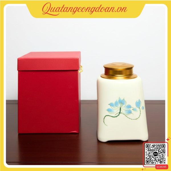 Hũ trà sứ họa tiết hoa sen xanh