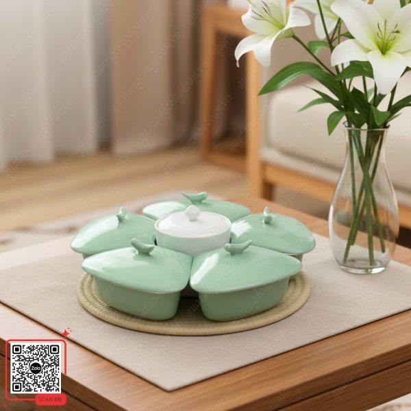 Khay Đựng Bánh Kẹo Tết Bằng Sứ Bát Tràng Cao Cấp 5 Khay mứt bánh kẹo xanh mint cao cấp