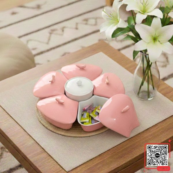 Khay Đựng Mứt Tết Bằng Sứ Họa Tiết Đào Hồng 4 Khay mứt Bát Tràng màu hồng cao cấp