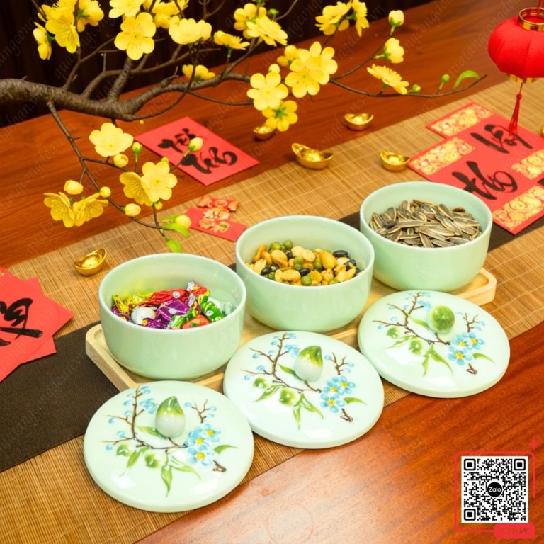 Bộ Giải Pháp Quà Tặng Tết 2027 Cho Công Nhân, Công Đoàn Viên 14 Khay mứt Bát Tràng men xanh hoa đào