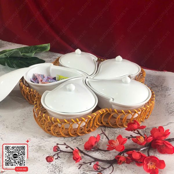Khay Đựng Mứt Sứ Cao Cấp Hình Hoa Ban Trắng 6 Khay mứt Bát Tràng sứ trắng