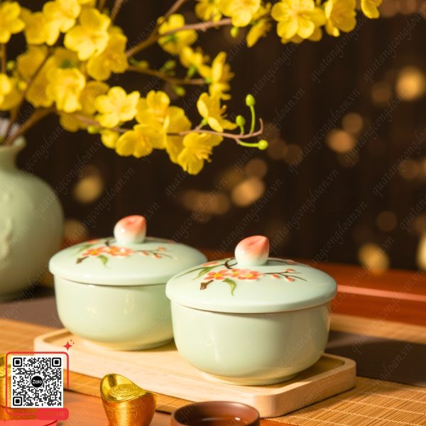 Khay Mứt Sứ Cao Cấp Đào Hồng - Quà Tết 2026 Cho Người Lao Động 6 Khay mứt cao cấp men xanh ngọc họa tiết hoa đào
