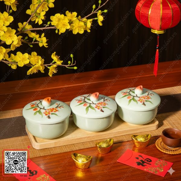 Khay Mứt Sứ Cao Cấp Đào Hồng - Quà Tết 2026 Cho Người Lao Động 4 Khay mứt sứ Bát Tràng cao cấp men xanh ngọc