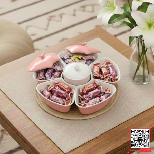Khay Đựng Mứt Tết Bằng Sứ Họa Tiết Đào Hồng 5 Khay mứt sứ màu hồng Bát Tràng quà tết 2026