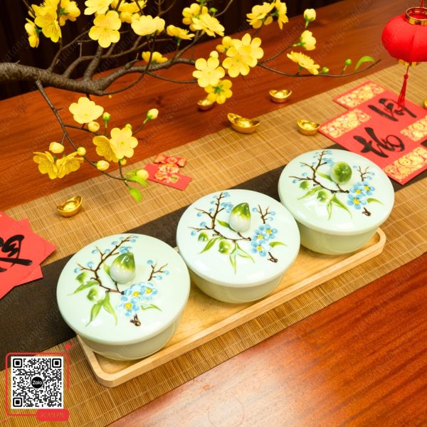 Hũ Đựng Mứt Tết Đào Xanh - Quà Tết 2026 Cho Công Nhân 4 Khay mứt sứ Bát Tràng men xanh Bát Tràng