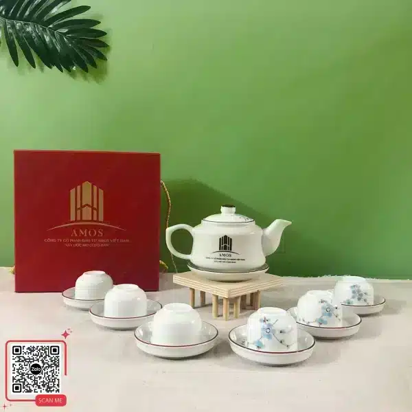 Bộ Ấm Chén Men Kem In Logo Công Ty Amos 4 Ấm chén Bát Tràng in logo công ty Amos Việt Nam