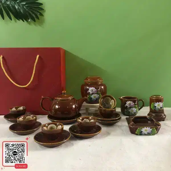 Bộ Ấm Chén Men Hỏa Biến Màu Nâu, Chén Lòng Hoa 5 Ấm trà Bát Tràng men hỏa biến nâu họa tiết hoa sen