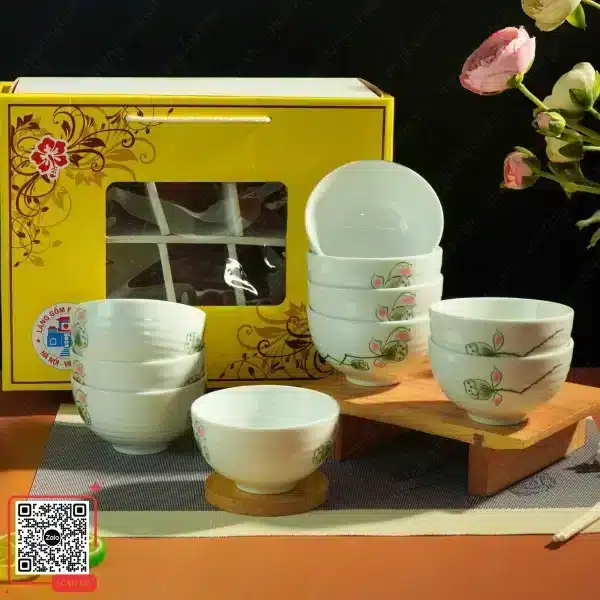 Bộ 10 Chén Cơm Bát Tràng Men Xanh Họa Tiết Sen 6 Bát Bát Tràng men xanh ngọc vẽ sen làm quà tặng
