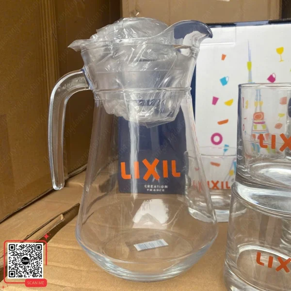 Bộ Bình Cốc Thủy Tinh In Logo Công Ty Lixil 4 Bình nước cốc thủy tinh cao cấp in logo Lixil
