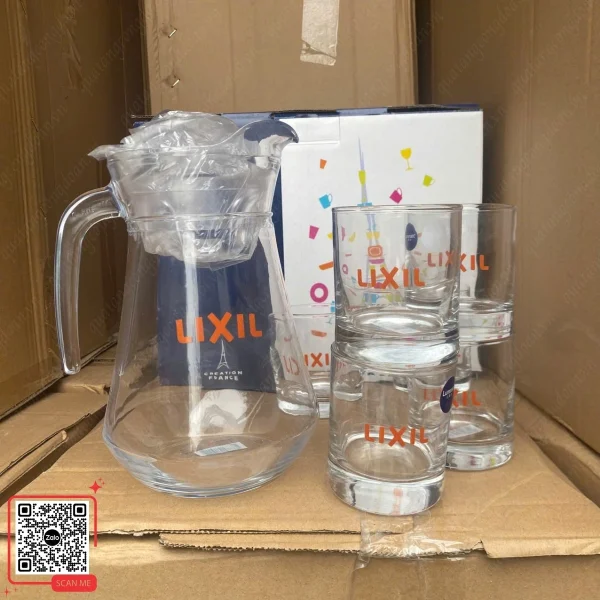 Bộ Bình Cốc Thủy Tinh In Logo Công Ty Lixil 3 Bộ 1 bình 6 cốc thủy tinh in logo Lixil quà tặng công ty