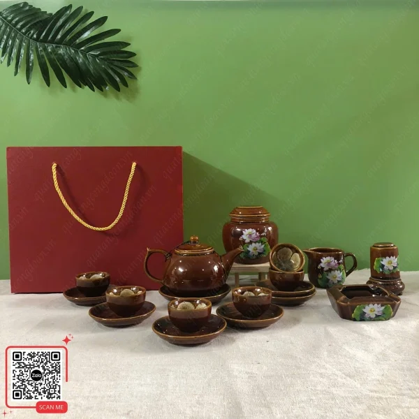 Bộ Ấm Chén Men Hỏa Biến Màu Nâu, Chén Lòng Hoa 6 Bộ ấm trà Bát Tràng hỏa biến làm quà tặng cao cấp