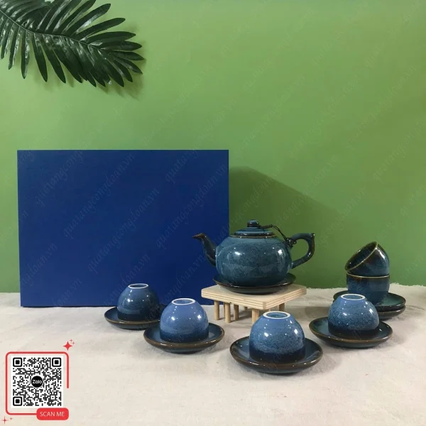 Bộ Ấm Chén Hỏa Biến Bát Tràng Màu Xanh Dương 6 Bộ ấm trà hỏa biến xanh làm quà tặng