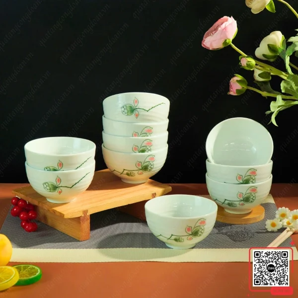 Bộ 10 Chén Cơm Bát Tràng Men Xanh Họa Tiết Sen 5 Bộ bát gốm Bát Tràng họa tiết sen xanh ngọc