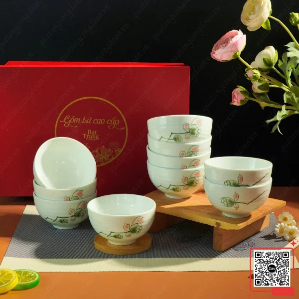 Bộ 10 Chén Cơm Bát Tràng Men Xanh Họa Tiết Sen 4 bộ bát men xanh hoa sen