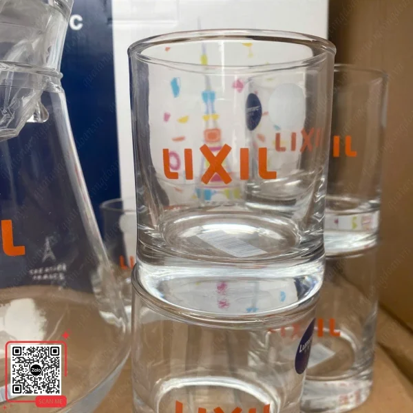 Bộ Bình Cốc Thủy Tinh In Logo Công Ty Lixil 5 Bộ bình cốc thủy tinh in logo Lixil