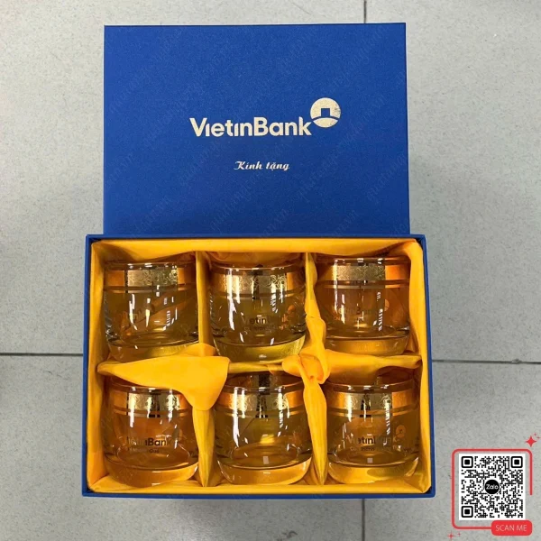 Bộ Cốc Thủy Tinh Khảm Vàng In Logo Vietinbank 5 Bộ cốc thủy tinh in logo ngân hàng VietinBank khảm vàng