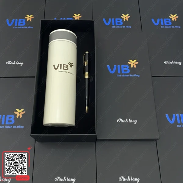 Set Quà Tặng In Logo Ngân Hàng 6 ộp quà tặng VIB bình giữ nhiệt màu trắng và bút cao cấp