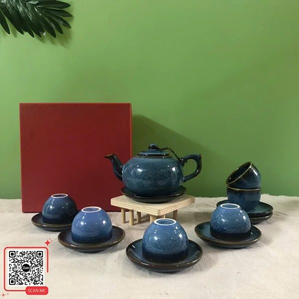 Bộ Ấm Chén Hỏa Biến Bát Tràng Màu Xanh Dương 5 Bộ trà Bát Tràng hỏa biến xanh dương men đẹp