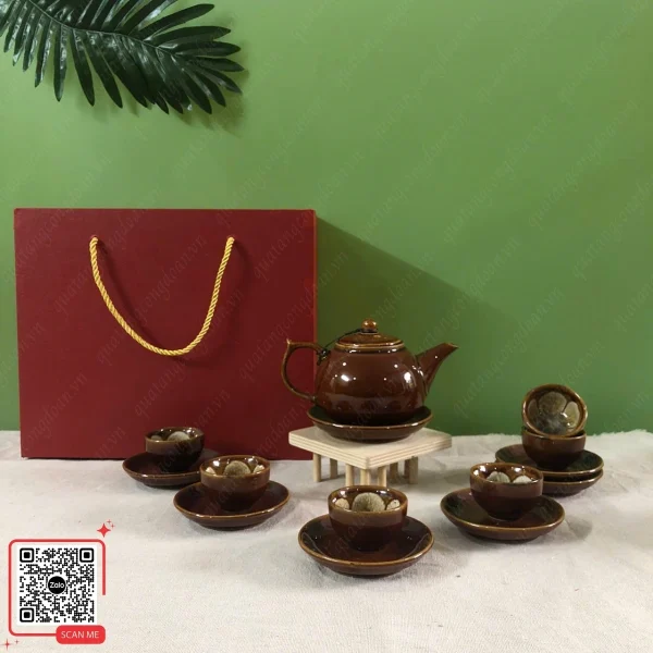 Bộ Ấm Chén Men Hỏa Biến Màu Nâu, Chén Lòng Hoa 3 Bộ trà gốm Bát Tràng men nâu hỏa biến họa tiết sen