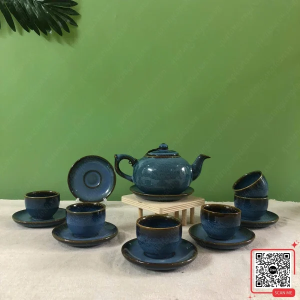 Bộ Ấm Chén Hỏa Biến Bát Tràng Màu Xanh Dương 3 Bộ trà gốm Bát Tràng xanh navy hỏa biến cao cấp