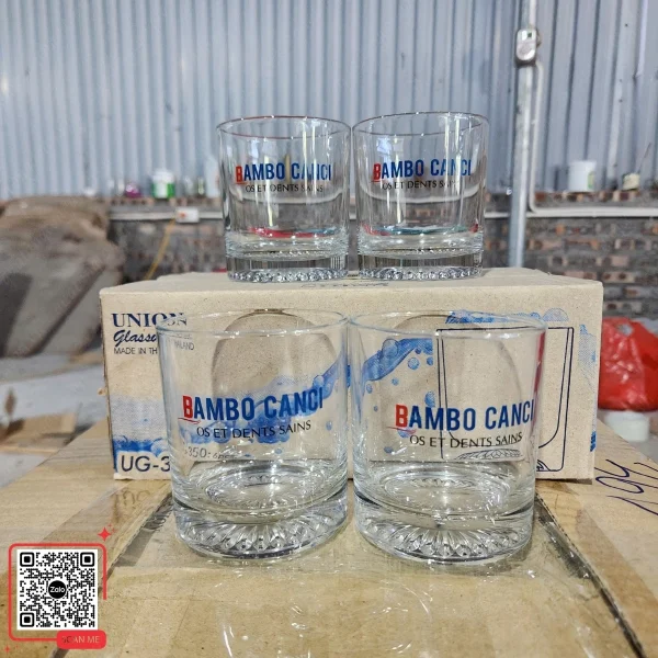 Bộ 6 Cốc Thủy Tinh In Logo Công Ty Bambo Canci 4 Cốc thủy tinh đáy dày in logo doanh nghiệp Bambo Canci