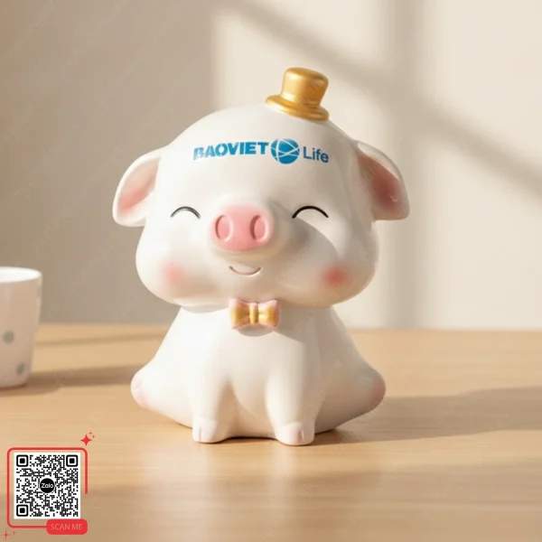 Heo Đất Tiết Kiệm In Logo Bảo Việt Nhân Thọ 3 Heo đất quà tặng màu trắng và hồng dáng đứng đội mũ vàng xinh xắn in logo Bảo Việt.