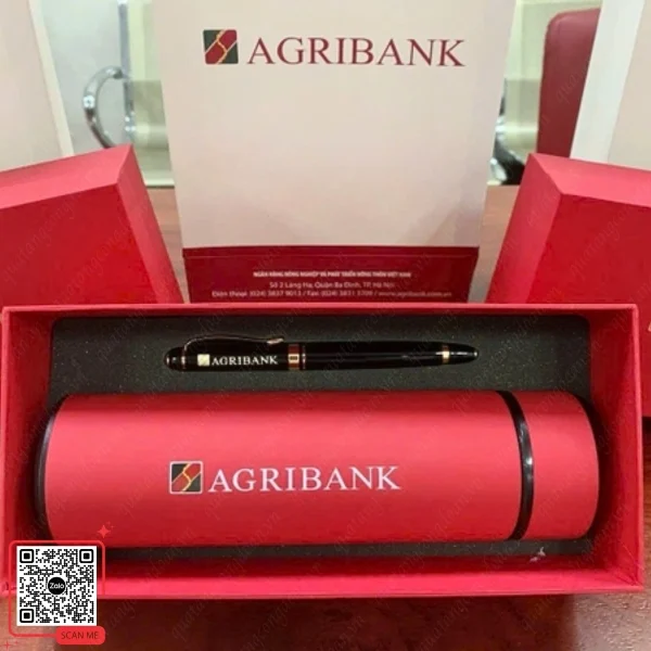 Set Quà Tặng In Logo Ngân Hàng Agribank 3 Quà tặng Agribank bình giữ nhiệt đỏ và bút kim loại trong hộp