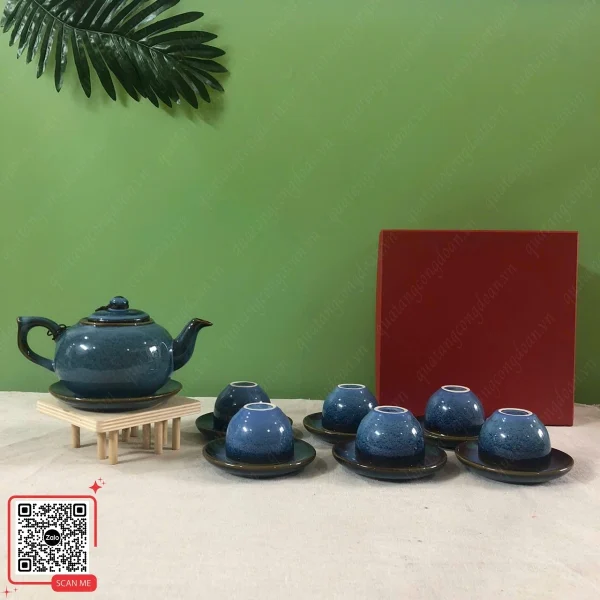 Bộ Ấm Chén Hỏa Biến Bát Tràng Màu Xanh Dương 4 Quà tặng ấm chén Bát Tràng men xanh hỏa biến đẹp