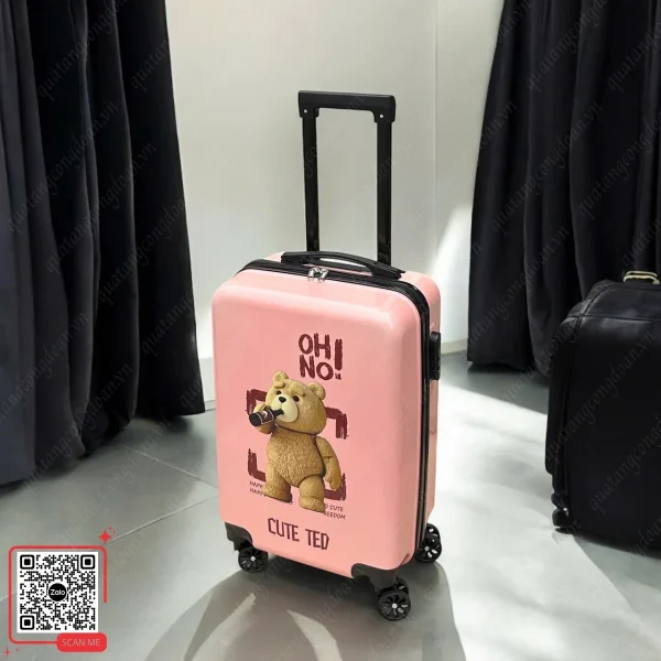Vali Quà Tặng 1/6 In Hình Gấu Teddy 4 Vali kéo trẻ em màu hồng họa tiết gấu Cute Ted