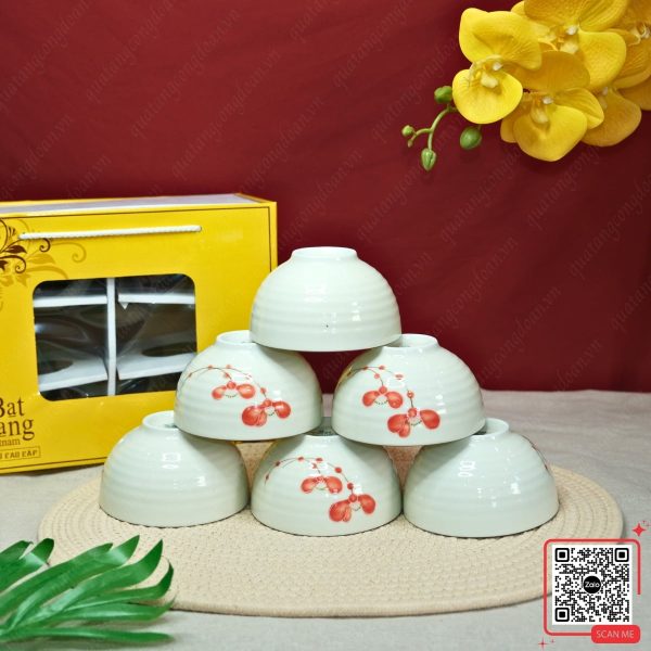 Bộ 6 - 10 Bát Bát Tràng Họa Tiết Hoa Gạo Đỏ 3 Bộ 6 bát con họa tiết hoa gạo đỏ