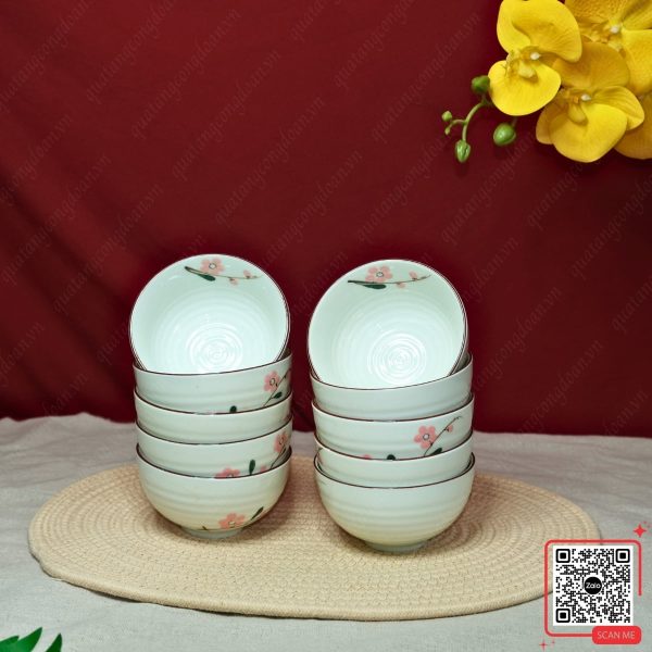 Bộ 6 Bát Bát Tràng Họa Tiết Hoa Đào Hồng 5 Bộ 10 bát sứ Bát Tràng vẽ tay cành đào