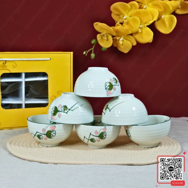 Bộ 6 Bát Bát Tràng Họa Tiết Đài Sen Xanh 3 Bát cơm gốm sứ Bát Tràng vẽ tay đài sen
