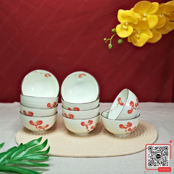 Bộ 6 - 10 Bát Bát Tràng Họa Tiết Hoa Gạo Đỏ 5 Bộ 10 bát Bát Tràng họa tiết hoa gạo đỏ