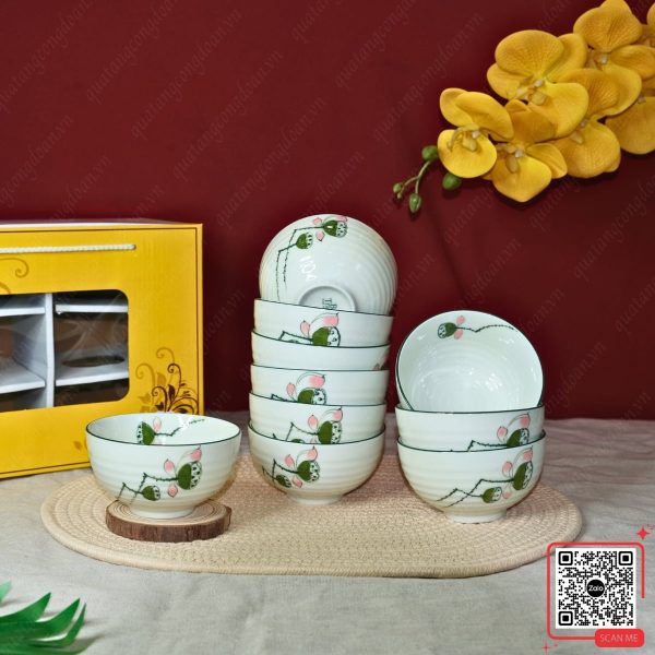 Bộ 6 Bát Bát Tràng Họa Tiết Đài Sen Xanh 5 bộ 10 bát cơm gốm sứ vẽ tay họa tiết đài sen