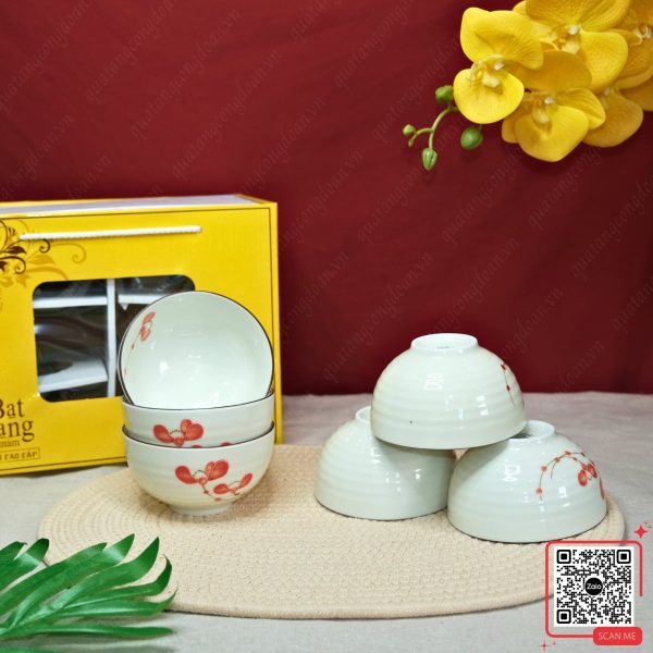 Bộ 6 - 10 Bát Bát Tràng Họa Tiết Hoa Gạo Đỏ 4 bộ 6 bát Bát Tràng hoa gạo đỏ