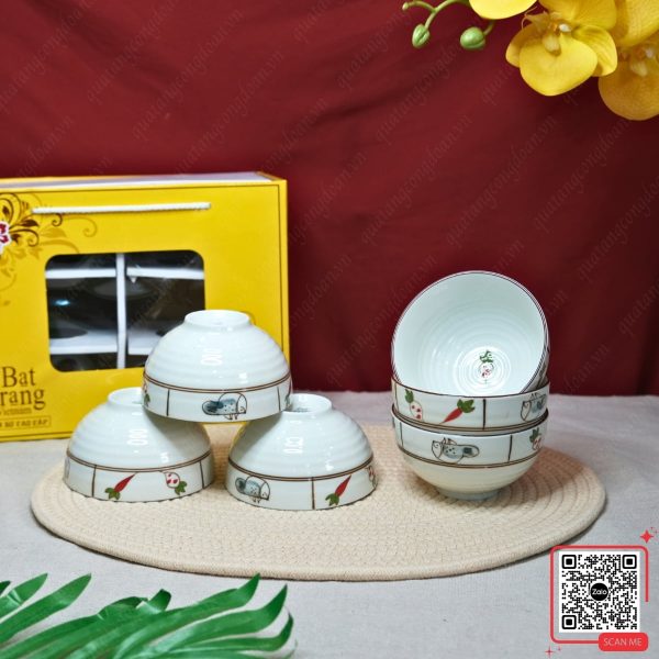 Bộ Bát Bát Tràng Họa Tiết Thỏ & Cà Rốt 3 Bộ 6 bát Bát Tràng họa tiết thỏ cute kèm hộp quà vàng