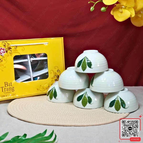 Bộ 6 Bát Men Kem Họa Tiết Lá Xương Rồng 5 Bộ 6 bát cơm men kem Bát Tràng họa tiết lá xương rồng
