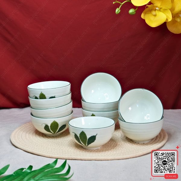 Bộ 6 Bát Men Kem Họa Tiết Lá Xương Rồng 4 bộ bát Bát Tràng men kem lá xương rồng kèm hộp