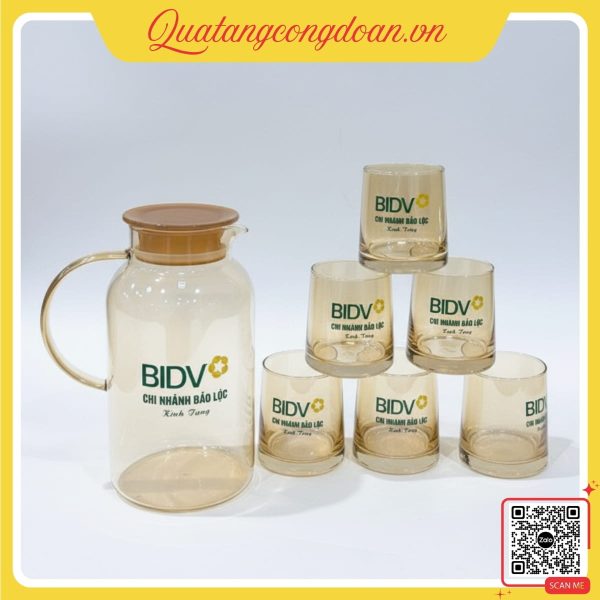 Bộ bình cốc thủy tinh màu hổ phách in logo BIDV