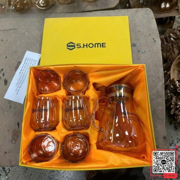 Bộ Bình Cốc Thủy Tinh In Logo SHome 4 Bộ bình cốc thủy tinh SHome
